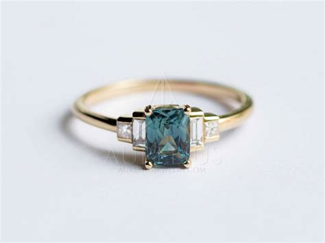 Teal Sapphire and Baguette Diamond Ring - Aurelius Jewelry