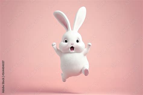 Cute cartoon AI generated happy bunny character jumping on pink ...