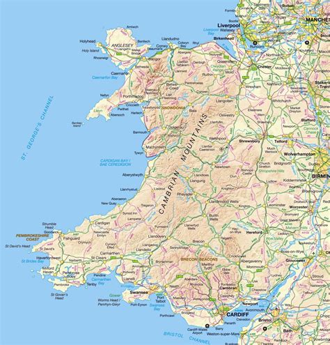 Large detailed map of Wales with relief, roads and cities | Wales ...