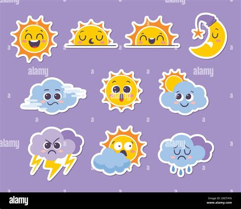 Weather forecast emoji stickers. Funny cartoon stickers of the sun, the ...