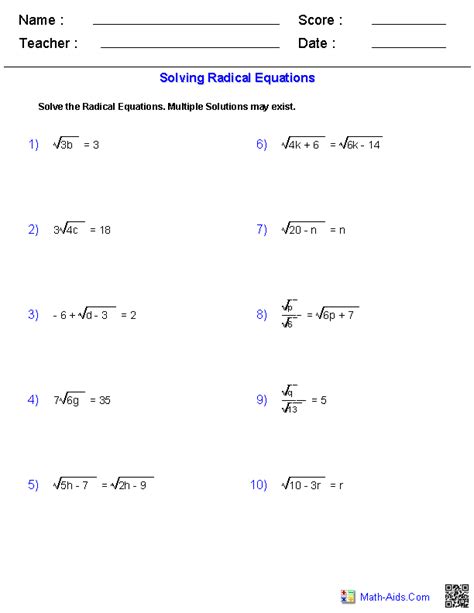 Exponents and Radicals Worksheets | Exponents & Radicals Worksheets for ...