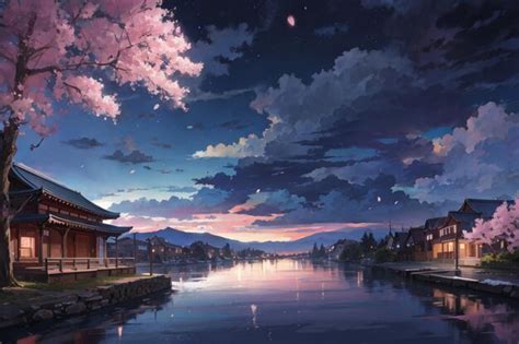 Premium AI Image | Cherry blossoms on the lake at sunset Digital painting