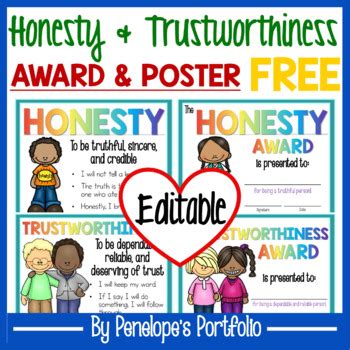 Honesty and Trustworthiness Poster and Award FREE - Character Education