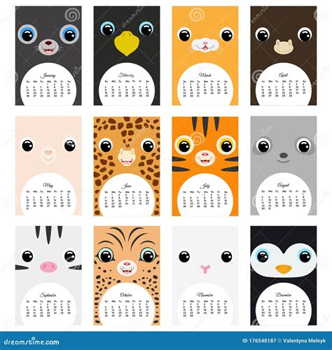 Cute Monthly Calendar 2020 with Animals Stock Illustration ...