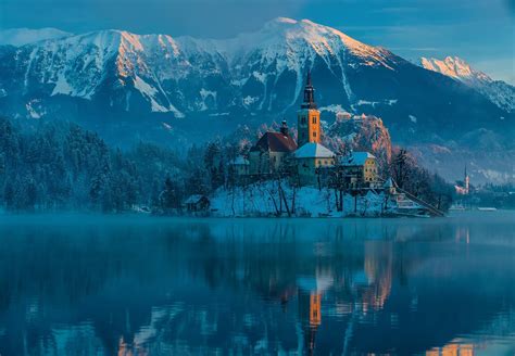 slovenia, Bled, Bled, Lake, The, Mountains, The, Julian, Alps, Winter ...