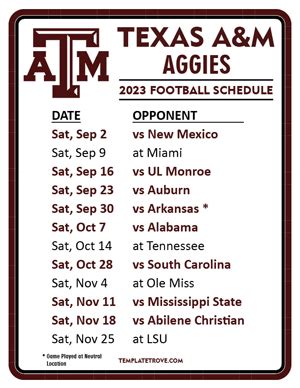 Printable 2023 Texas A&M Aggies Football Schedule