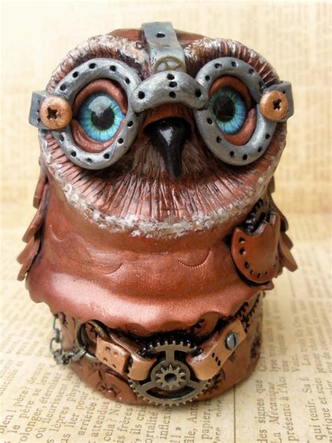 Steampunk Owl sculpture box in polymer clay