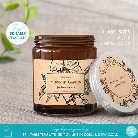 Printable Candle Jar Label Template 6 Sizes, Editable Botanical Wrap ...