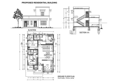 Ground Floor Plan Of House With Elevation And Section In Autocad ...