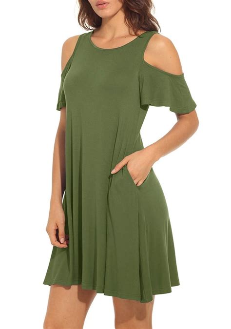 ladies army green dress - loose fit ruffle sleeve cold shoulder outfit