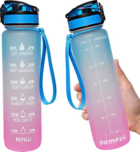 GEMFUL 1L Water Bottle with Motivational Time Marker with Straw Tritan ...