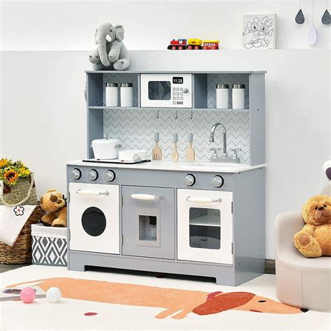 Buy HONEY JOY Kids Wooden Pretend Play Kitchen Set with Lights & Sounds ...