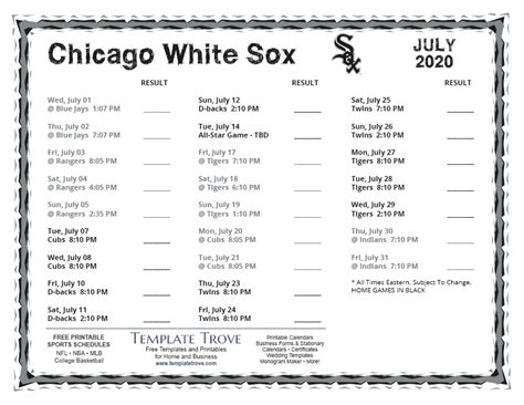 Printable 2020 Chicago White Sox Schedule