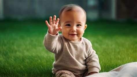 Premium Photo | Happy baby waving hello sitting on green grass lawn on ...