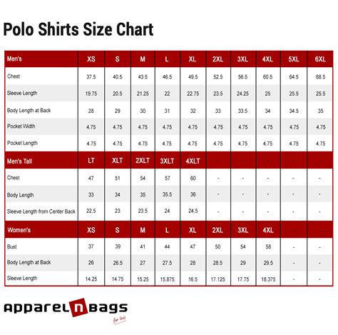 Polo Shirt Size Chart | ApparelnBags.com