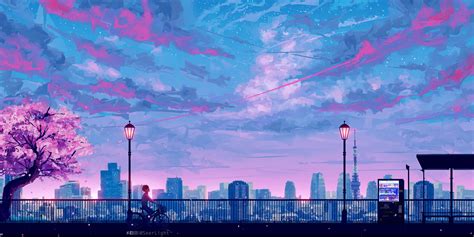 Blue and pink sky painting, illustration, city, anime, painting HD ...