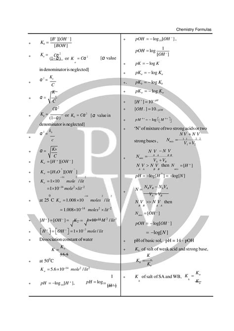 Chemical Equilibrium Formula Sheet