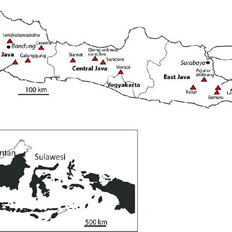 Java island with its 18 active volcanoes. The target volcanoes ...