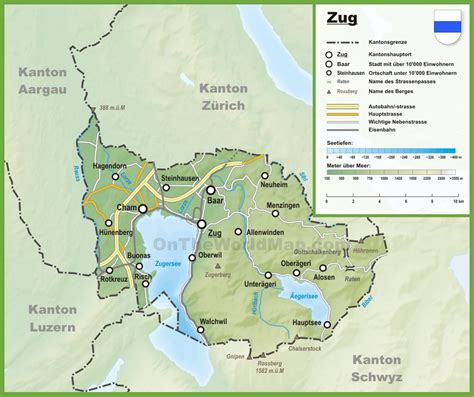 Canton of Zug map with cities and towns