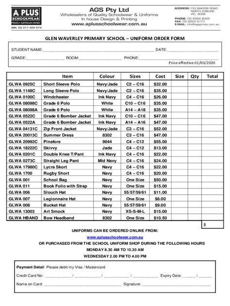 Fillable Online GLEN WAVERLEY PRIMARY SCHOOL UNIFORM ORDER FORM Fax ...