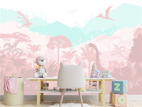 Soft Pastel Pink Dinosaur Wallpaper Girl Nursery Jurassic - Etsy