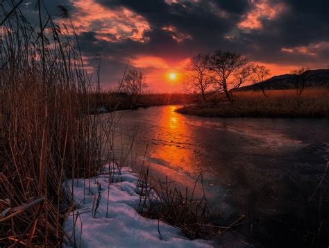 Winter River at Sunset