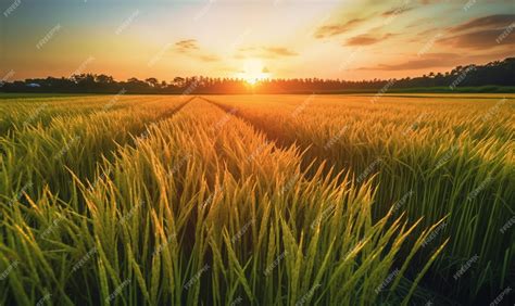 Premium AI Image | Wide view of paddy field with sunrise background