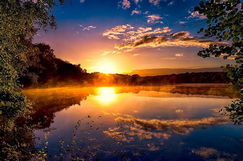 Sunset and lake, forest, lake, Sunset, landscape, HD wallpaper | Peakpx