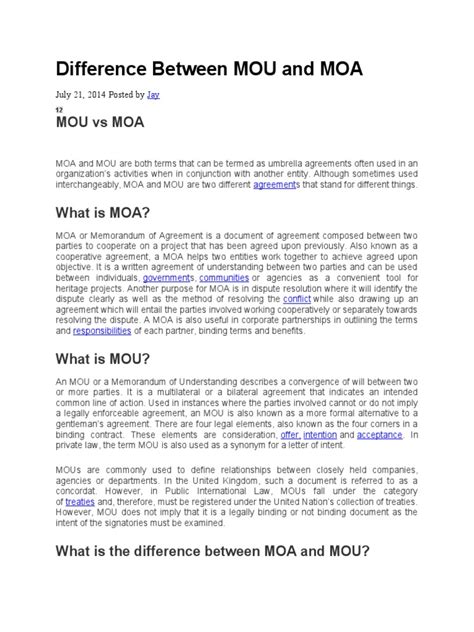 Difference Between MOU and MOA | PDF | Memorandum Of Understanding | Treaty