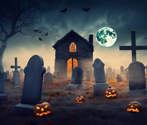 Premium AI Image | Halloween graveyard with pumpkins and a spooky ...