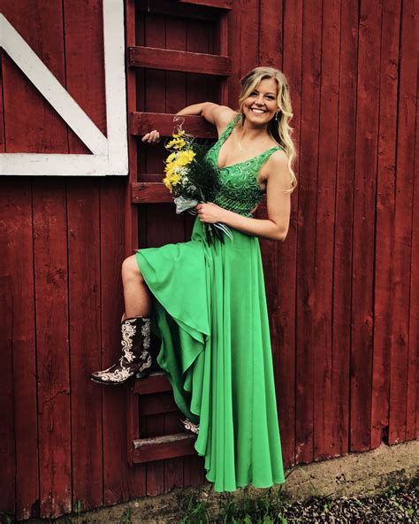 Stunning Kelly Green prom dress, open back, with cowgirl boots | Green ...