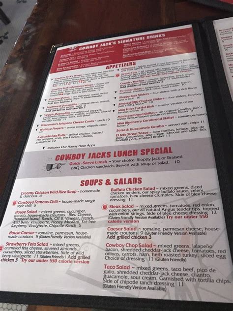 Menu at Cowboy Jack's restaurant, St. Cloud