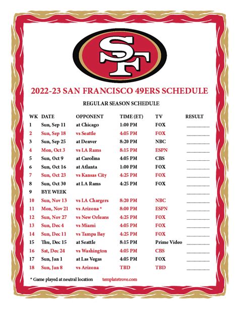 Sf 49ers Schedule 2024 Printable