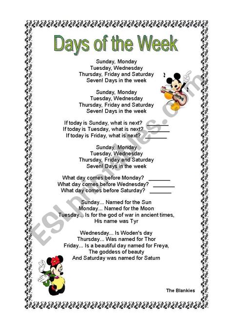 Days of the week song - ESL worksheet by titareca