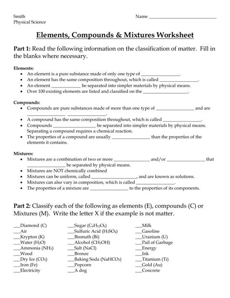 Element Compounds And Mixtures Worksheet Answers