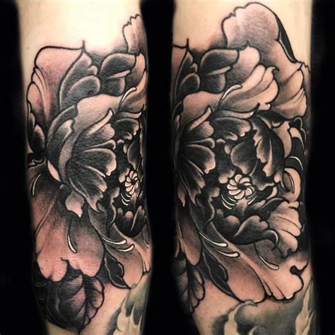 Peony flower Tattoo by Josh Wilding | Black and grey style - Inkably.co.uk