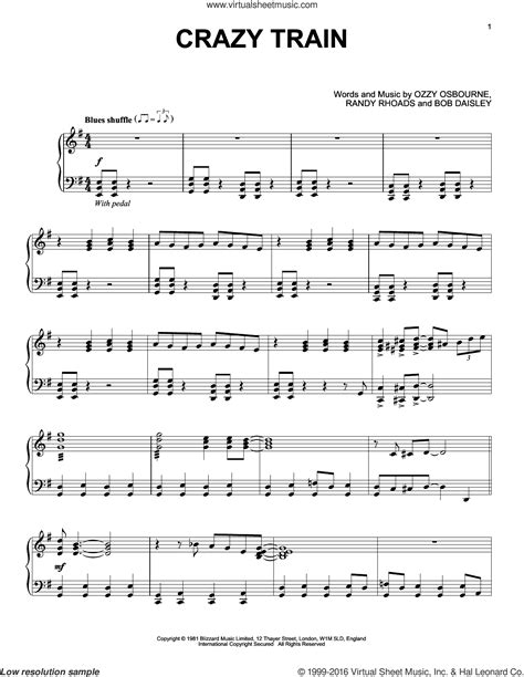 Osbourne - Crazy Train sheet music for piano solo [PDF]