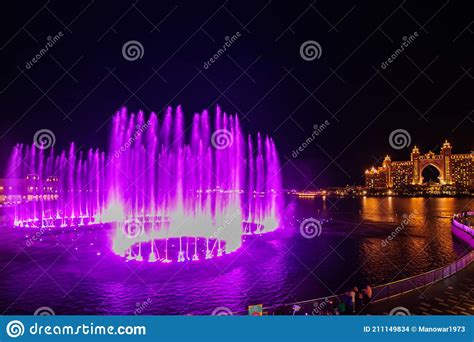 Dubai, UAE - Feb 5, 2020: Fountain at Dubai`s the Pointe at Palm ...