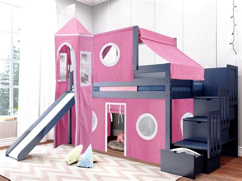 JACKPOT! Princess Low Loft Stairway Bed with Slide Pink & White Tent ...