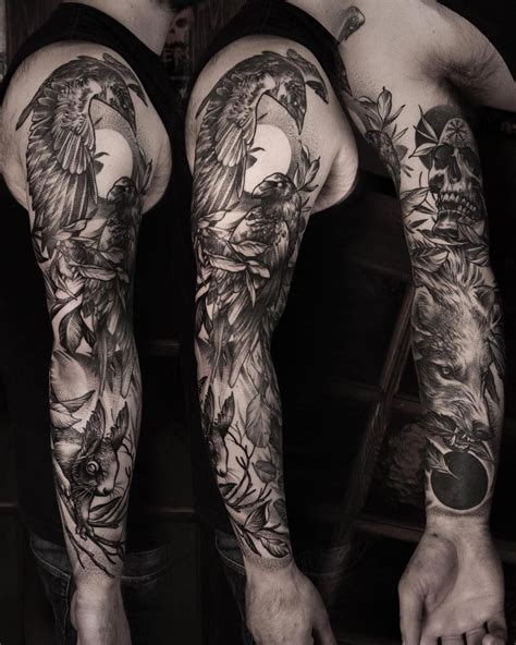 blackwork ravens tattoo sleeve by @danielbacz #Fullsleevetattoos | Full ...