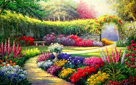 Vivid Flowers Way Entrance Sun | Garden painting, Garden painting art ...