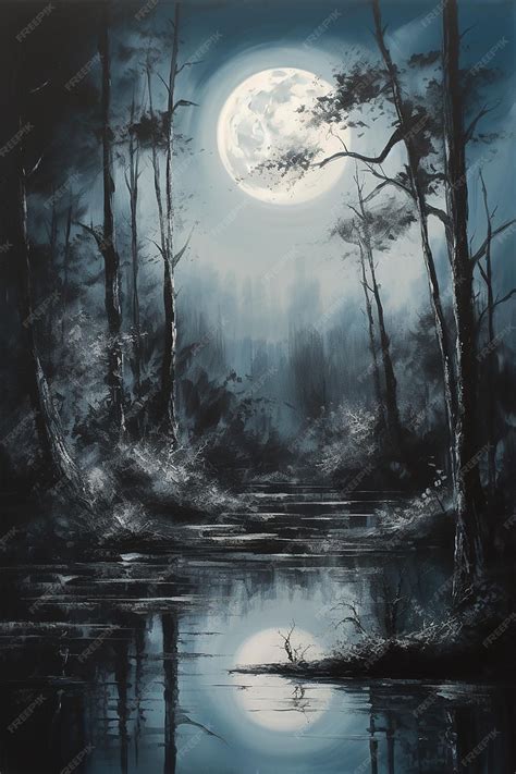 Premium AI Image | A painting of a forest scene with a full moon in the ...