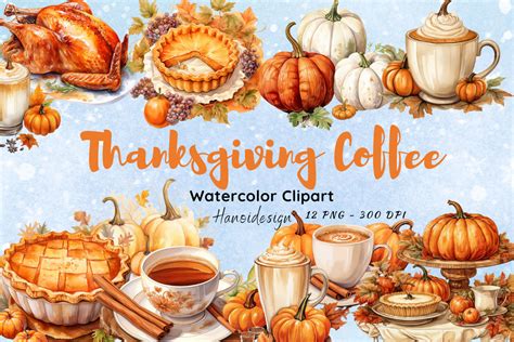 Thanksgiving Coffee Watercolor Cliparts Graphic by Hanodesigns ...