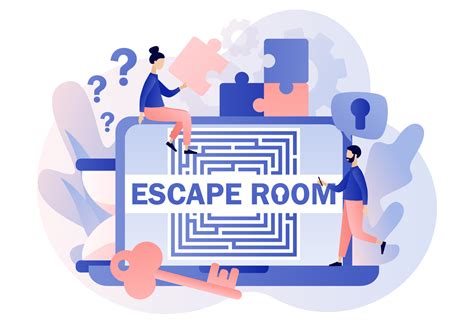 Escape room. Quest room web site. Tiny people trying to solve puzzles ...