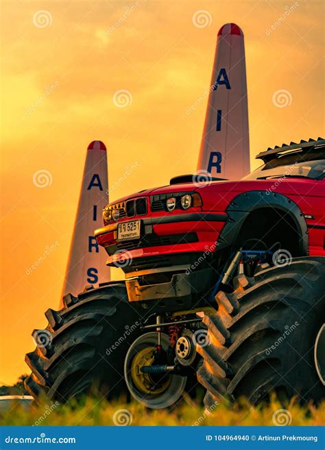 Red BMW Car 4x4 Bigfoot Parked On Asphalt Road In Air Race 1 World Cup ...