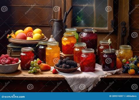 Colorful Jars of Assorted Fruit Preserves on Rustic Table Stock Image ...