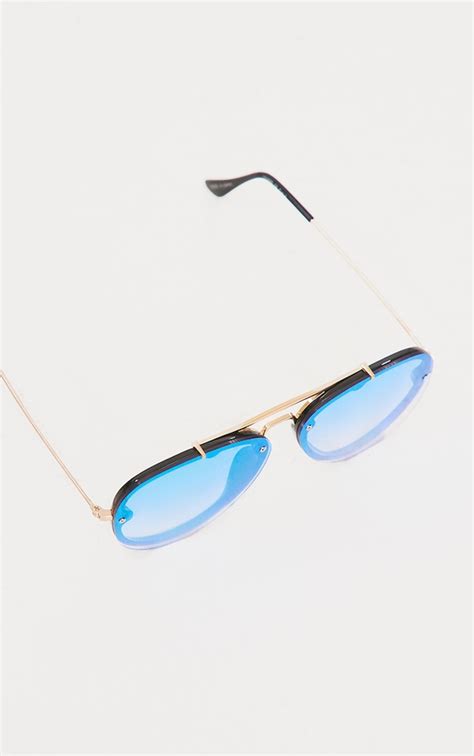 Blue Mirrored Lens Aviator Sunglasses | PrettyLittleThing USA