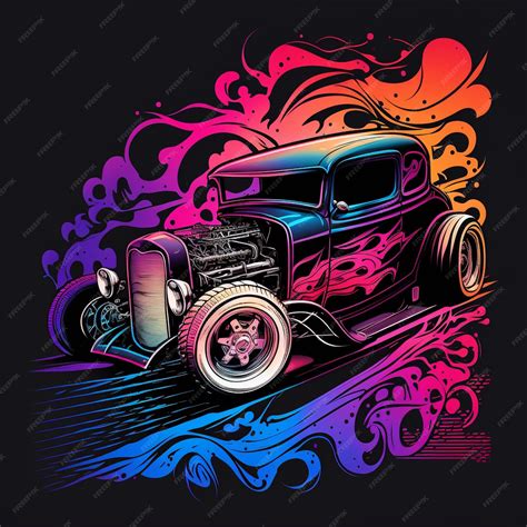 Premium Photo | A colorful hot rod poster with a hot rod on the front.