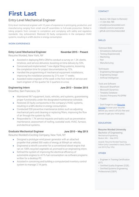 Entry-Level Mechanical Engineer Resume Examples for 2024 | Resume Worded