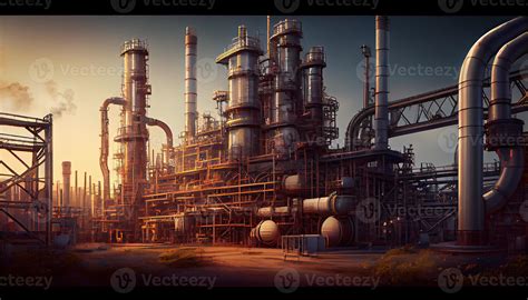 Oil refinery with people at work. Large industrial refinery with ...